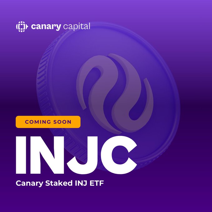 Promotional graphic for Canary Capital announcing that the “Canary Staked INJ ETF” is “COMING SOON,” featuring a large purple coin with the Injective logo and the bold ticker “INJC.” The post’s message, “$INJ is coming soon to Wall Street,” ties the upcoming ETF launch to broader Wall Street availability of the token.