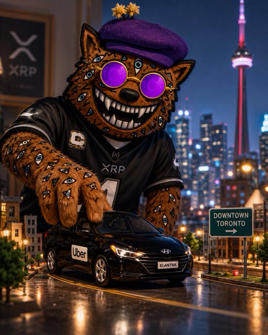 A surreal image of a creepy, fanged werewolf-like creature wearing purple sunglasses and an XRP jersey, looming over a black Uber Hyundai Elantra with Toronto's CN Tower and skyline in the background, alongside a 'Downtown Toronto' sign.