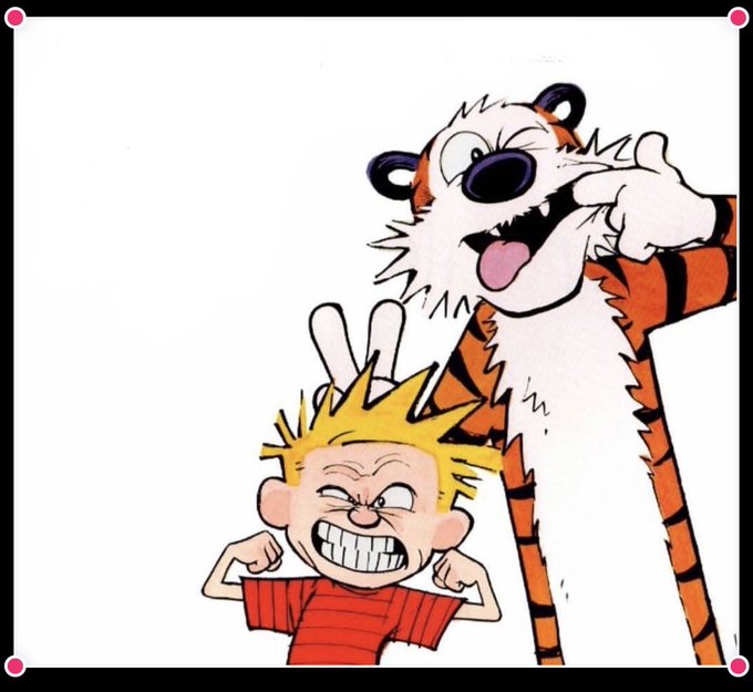 A cartoon drawing of the characters Calvin and Hobbes, with Calvin grinning widely and Hobbes playfully poking Calvin's head.