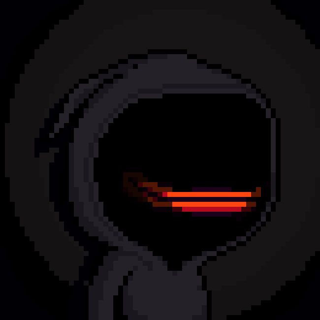 A dark, hooded pixel-art figure with glowing red horizontal slits for eyes against a black background, resembling a shadowy ninja or assassin character.