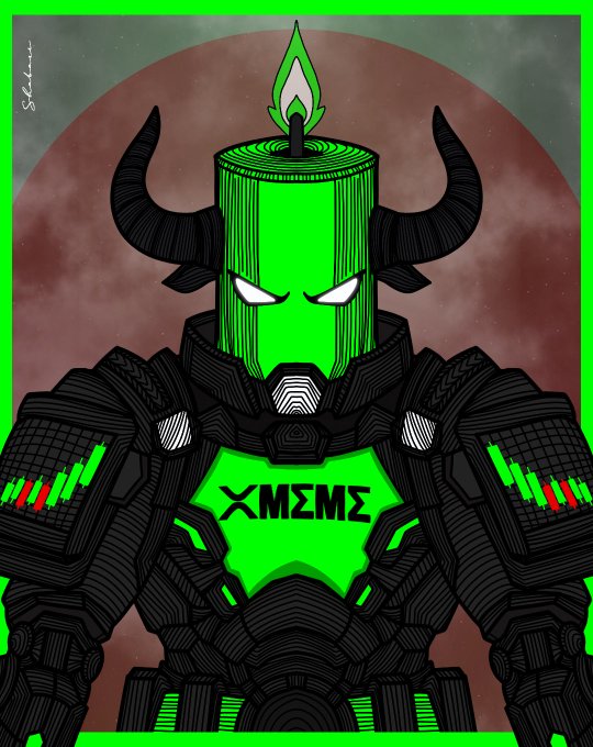 A stylized digital illustration of a futuristic warrior in dark armor with green glowing accents, a horned helmet, and a candle on its head, featuring 'XMΣΣ' written across its chest.