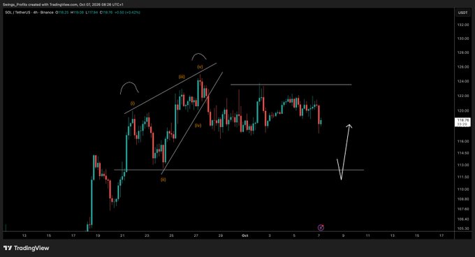 A 4-hour SOL/USD chart from TradingView shows Solana's price action around $118-121 on October 8, 2026, with technical annotations marking swing highs and lows (including an "(i)" point) and a white arrow indicating a potential scenario for the price to dip lower before recovering—aligning with the post's hope that Solana will pull back further.