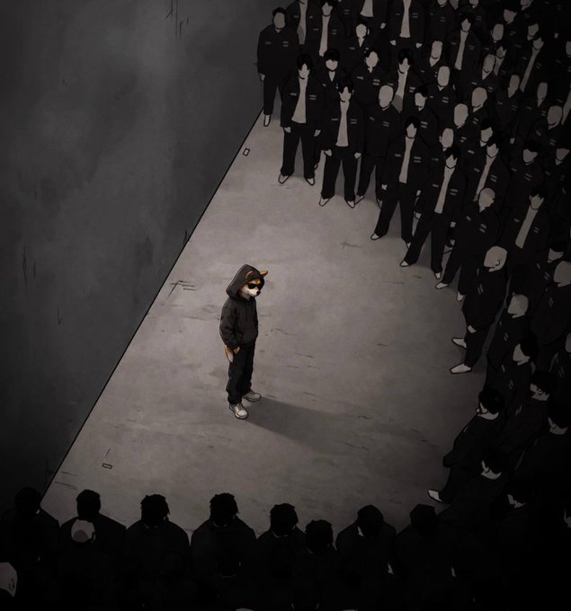 An artistic illustration showing a small figure wearing a horned mask and hoodie standing alone in a spotlight, facing a massive, uniform crowd of shadowy figures dressed in dark clothing.
