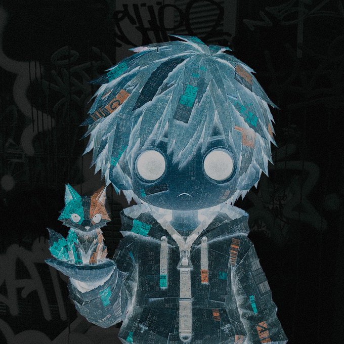 An anime-style character with blue hair and white eyes holding a small fox, depicted with a cyberpunk/circuit board texture overlay.