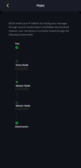 A mobile interface titled "Hops" explaining that "BChat masks your IP address by routing your messages through several masternodes in the Beldex decentralized network," showing a vertical connection path from "You" to "Destination" through entry and master nodes.