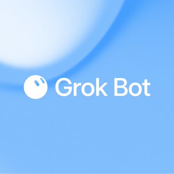 A blue gradient graphic featuring the "Grok Bot" logo—a circular white icon next to the text "Grok Bot"—promotes the AI chatbot as endorsed by the Coinbase CEO as the "leading" AI for agentic traders.