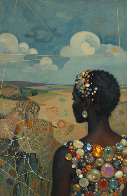 A painting depicting a Black woman in profile adorned with colorful gems on her head, neck, and shoulders, set against a landscape with clouds and a constellation-like web of lines.