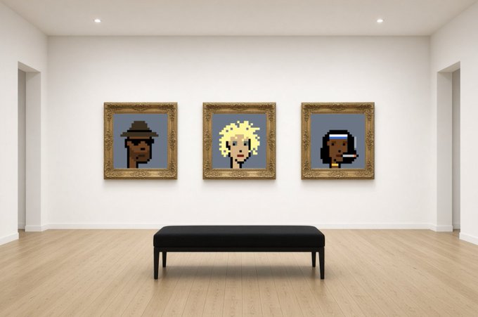 An art gallery room displaying three framed pixel art portraits with ornate gold frames above a black bench.