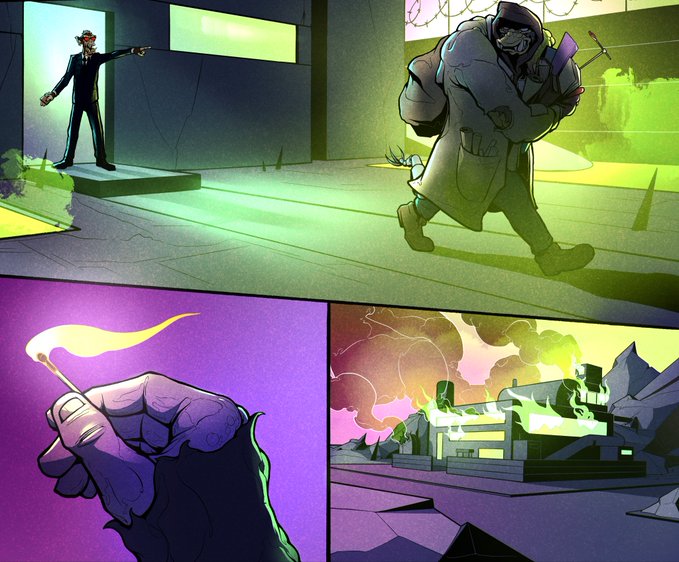 A comic book panel showing a man in a suit pointing a gun at a large masked figure, with a close-up of a hand holding a flaming match and a burning building below.