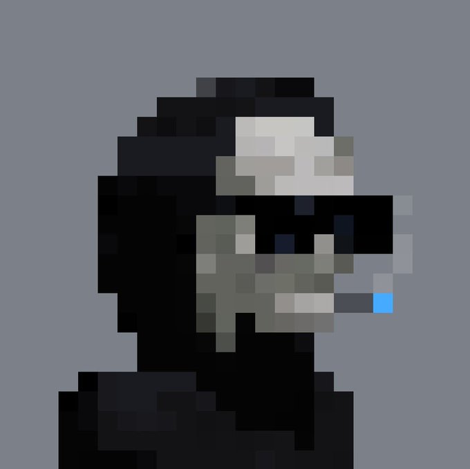 Pixel art portrait of a person wearing sunglasses and a dark hooded outfit, appearing to hold a cigarette.