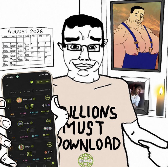 A cartoon man wearing a "Millions Must Download" shirt holds up a phone displaying a memecoin trading tracker (showing tickers like $BERT, $LuNX, and $Dorg) alongside an August 2026 calendar and a muscular miner portrait, illustrating the post's message about adopting a shilling lifestyle by promoting memecoins through social media.