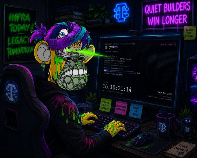 A neon-colored digital illustration of a monkey-like character with glowing green eyes working at a computer displaying 'QANPOS', with signs reading 'INFRA TODAY = LEGACY TOMORROW' and 'QUIET BUILDERS WIN LONGER', dated SEP 10 2026.