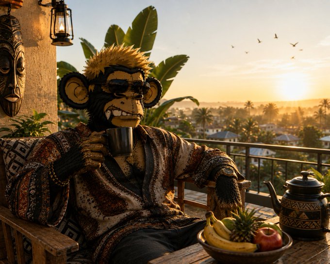 AI-generated image of a monkey wearing sunglasses and a patterned robe, relaxing on a balcony with fruit and a teapot while watching the sunset.