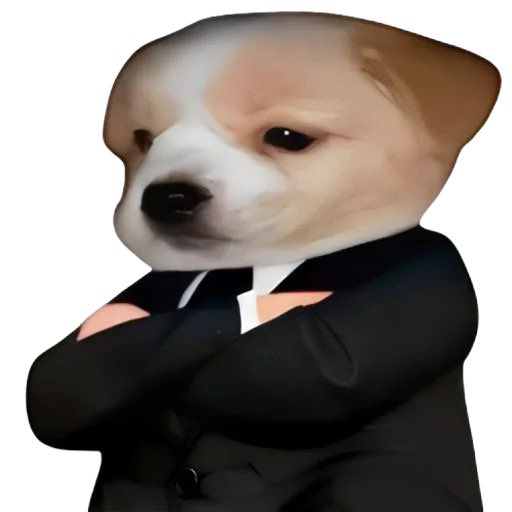 Another meme image of a Shiba Inu dog's head on a cartoon body wearing a black business suit, this time with arms crossed in a confident pose.