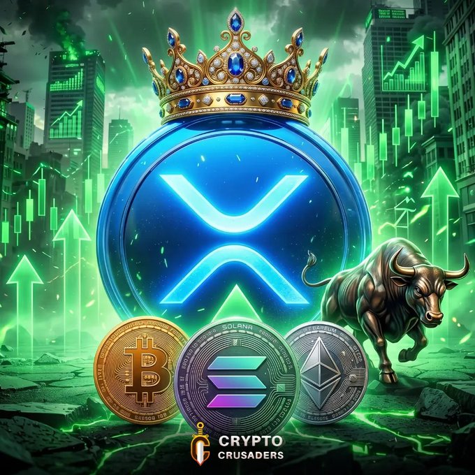 Crypto Crusaders promotional graphic featuring a crowned XRP coin, Bitcoin, Solana, and Ethereum coins alongside a bronze bull, set against a green cityscape with upward arrows.