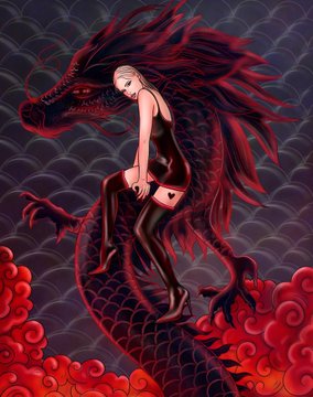 Digital illustration of a pale-haired figure in a black outfit sitting on a large red Chinese-style dragon, surrounded by red clouds and dark scalloped patterns in the background.