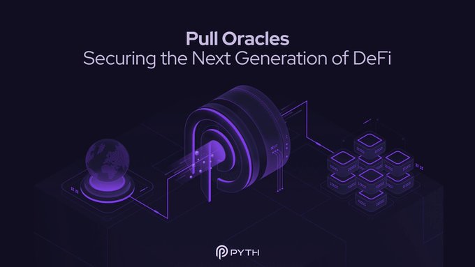 The image features an illustration of a purple machine with a globe at its center, surrounded by blocks that appear to be cubes or cylinders. The text "Pull Oracles" is written above this machine, and "Securing the Next Generation of DeFi" is below it. The image also includes a watermark in the bottom right corner that reads "Pyth".