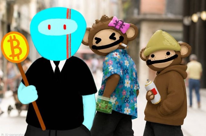An AI-generated image of a figure with a blue television-like head holding a Bitcoin sign, standing next to two people wearing cartoonish monkey masks.