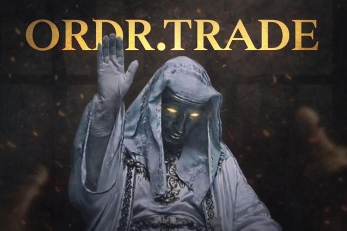 A dark, fantasy-style image featuring a hooded figure with glowing yellow eyes and white robes, accompanied by the bold gold text 'ORDR.TRADE'.