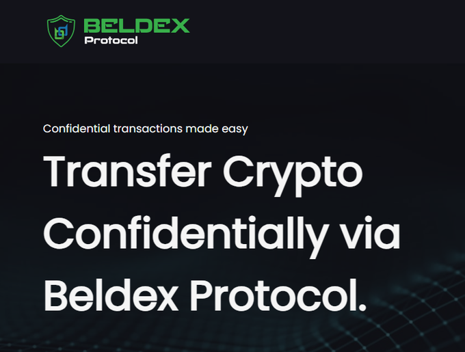 A promotional graphic for Beldex Protocol featuring the text 'Confidential transactions made easy' and 'Transfer Crypto Confidentially via Beldex Protocol' against a dark background.