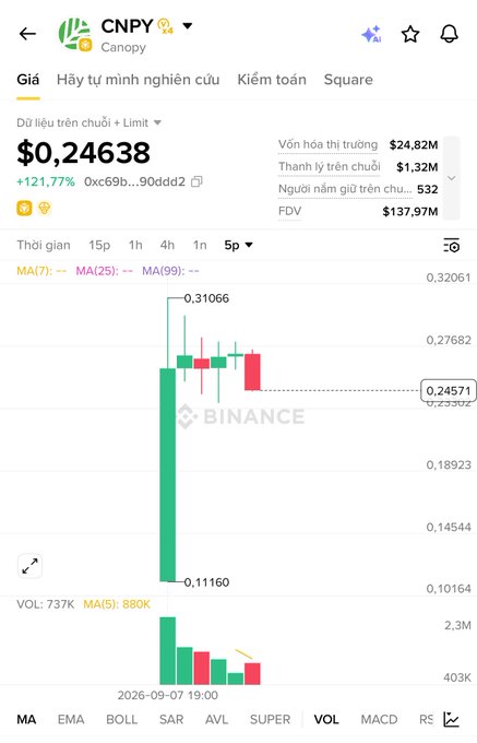 A Binance chart shows the CNPY token (Canopy) at $0.24638, up 121.77%, with a market cap of $24.82M.