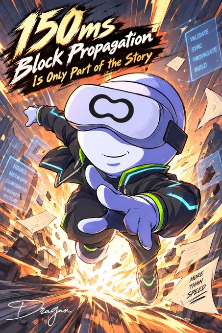 A dynamic comic-style illustration shows a character in a VR headset bursting forward, accompanied by the text '150ms Block Propagation Is Only Part of the Story'.