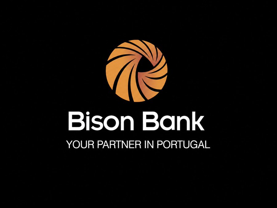 The Bison Bank logo is displayed, featuring an orange circular emblem resembling a stylized aperture or vortex, alongside the tagline "YOUR PARTNER IN PORTUGAL." The image illustrates Bison Bank's involvement in the post-quantum wallet pilot mentioned in the accompanying post.