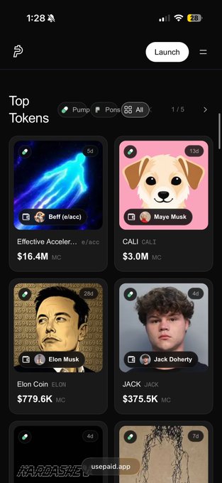 A mobile app interface displays a "Top Tokens" trending page featuring memecoins like $EFF (e/acc), $CALI (Maye Musk), $ELON, and $JACK at $375.5K market cap, supporting the post's claim that $JACK is trending on $PAID.