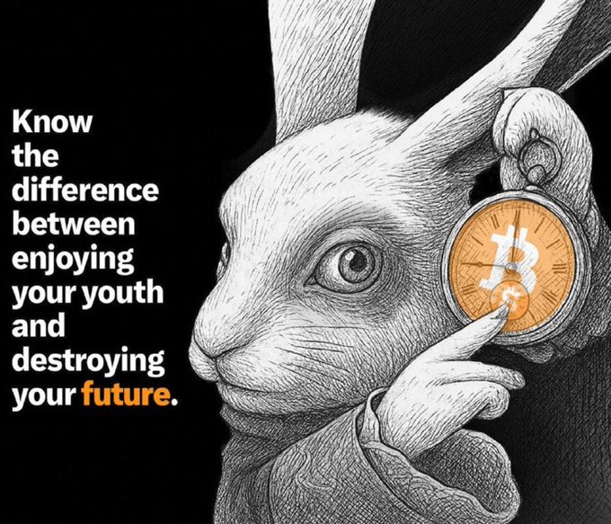 An illustration of a rabbit holding a Bitcoin pocket watch, accompanied by the text 'Know the difference between enjoying your youth and destroying your future.'