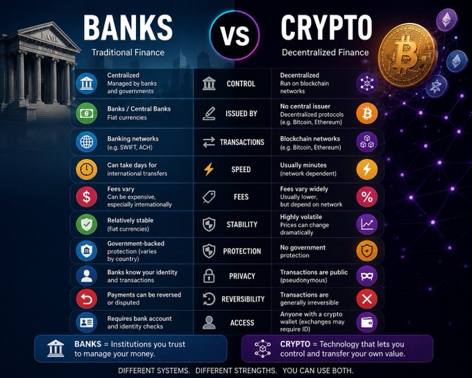 An infographic comparing "BANKS Traditional Finance" vs "CRYPTO Decentralized Finance" across categories including Control, Issued By, Transactions, Speed, Fees, Stability, Protection, Privacy, Reversibility, and Access.
