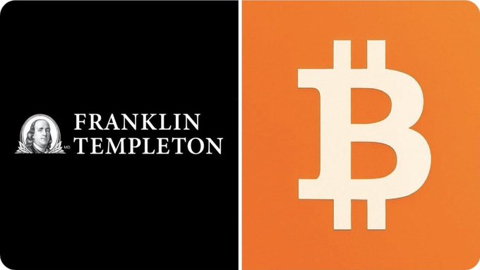 The image features a black and white logo for Franklin Templeton, which is a mutual fund company. Below the logo, there's an orange Bitcoin symbol. The text "NEW: Franklin Templeton files hybrid ETFs that turn stock dividends into Bitcoin" is written in the bottom right corner of the image. This suggests that Franklin Templeton has created an innovative investment strategy by combining traditional investments with cryptocurrency like Bitcoin to generate returns for their investors.