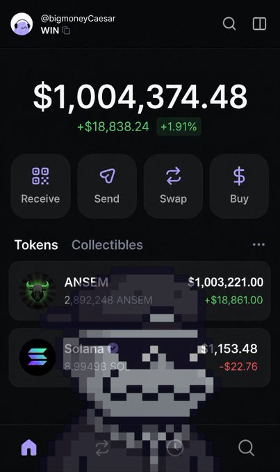 A screenshot of a crypto wallet portfolio under the username @bigmoneyCaesar showing a total balance of $1,004,374.48 (+1.91%), with the majority of holdings in 2,892,248 ANSEM tokens valued at $1,003,221.00 (+$18,861.00), visually supporting the post's claim of becoming an ANSEM millionaire.