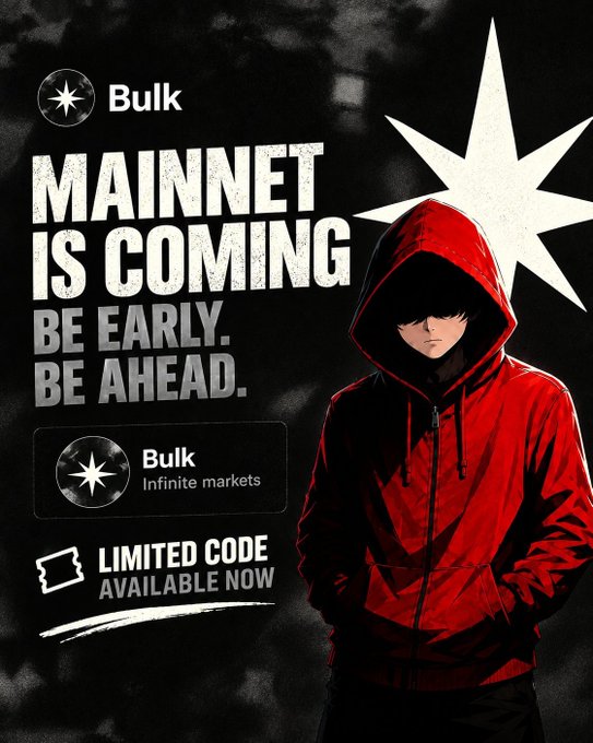 A promotional poster featuring an anime character in a red hoodie with text reading 'Bulk: MAINNET IS COMING. BE EARLY. BE AHEAD. Bulk Infinite markets. LIMITED CODE AVAILABLE NOW.'