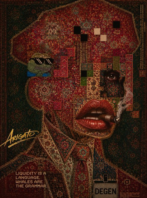 A collage-style digital artwork features a figure composed of ornate red Persian rug patterns, with a pixelated face revealing a single eye and red lips holding a smoking cigar, accompanied by a Pepe frog wearing sunglasses. The image includes the text "ARIGATO," "LIQUIDITY IS A LANGUAGE WHALES ARE THE GRAMMAR," and "DEGEN," while a grenade with a fuse subtly ties into the post's message about quiet weekends hiding underlying "destructive" market movement, reinforced by the "R33333" reference.