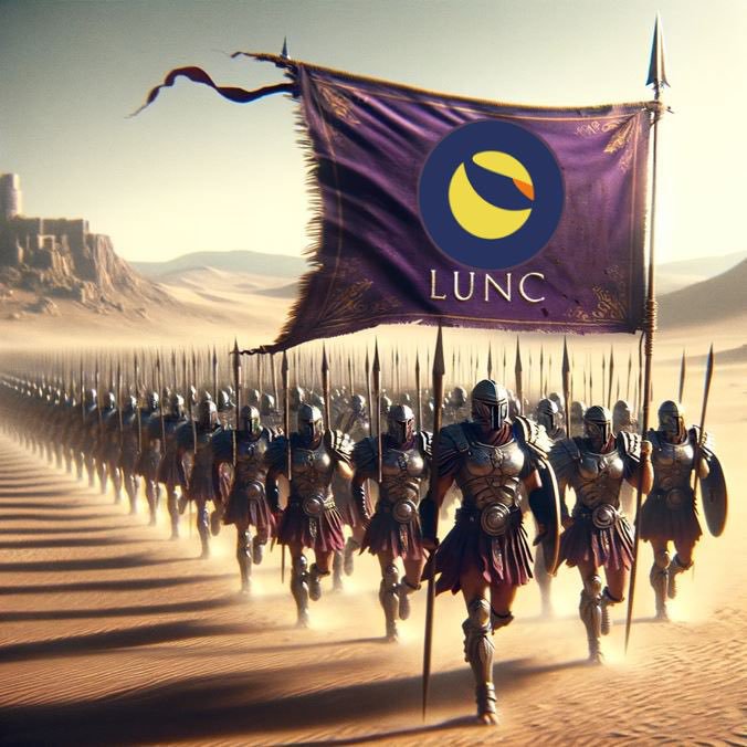 The image features a group of people dressed in medieval armor, marching down a dirt road with a banner that reads "LUNC". The banner has a yellow circle with a blue line through it, which appears to be a logo or emblem associated with the LUC company. The people are carrying shields and swords as they move forward, suggesting that they might be part of an ancient army or reenactment event. The post about the LUC company's comeback story is related to this scene because it implies that the group of people in the image could represent a historical figure or character from a past era who has overcome challenges and achieved success, just like the LUC company.