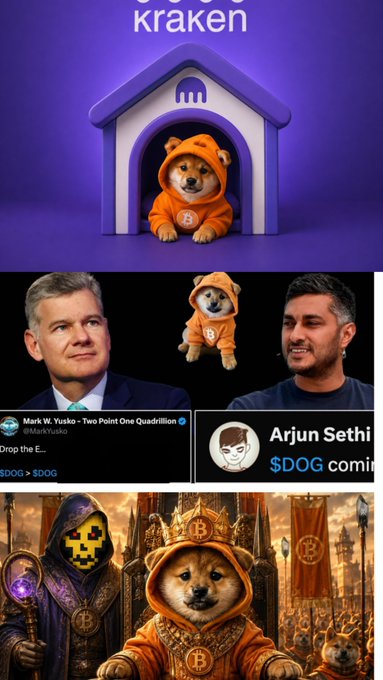 A collage promoting Kraken featuring a Shiba Inu dog mascot in an orange hoodie inside a doghouse, alongside photos of Mark W. Yusko and Arjun Sethi, with $DOG cryptocurrency branding.