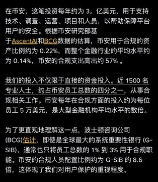 Binance's compliance report screenshot, highlighting $300M annual compliance investment, 0.22% assets as opposed to the 0.14% financial industry average, and 1,500 compliance staff (25% of total) supported by Boston Consulting Group (BCG) and G-SIB benchmark analysis.