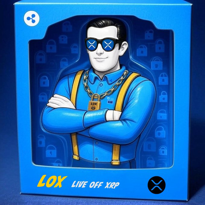 The image features a blue Lego set of a man wearing sunglasses, with his arms crossed over his chest. The set includes a lock as part of its design. The text "Lox Live Off XRP" can be seen at the bottom right corner of the image. This suggests that the Lego set is related to the cryptocurrency market and possibly promotes the use of XRP for transactions within the Lego community or beyond.