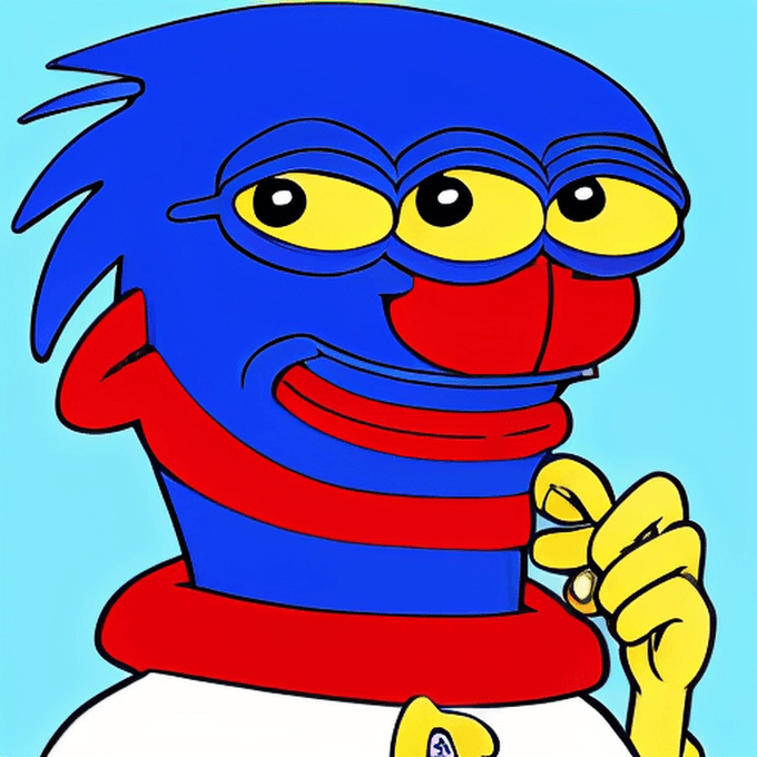 A cartoon character with blue hair and yellow skin wearing yellow-tinted glasses and a red scarf, with blue and red striped torso, holding up one finger.