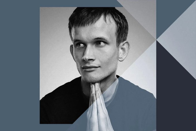 Black and white portrait of a young man with hands clasped together, set against a blue geometric background.