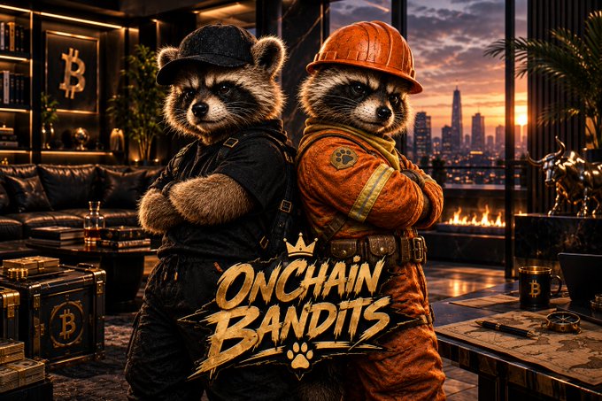 Promotional artwork titled 'Onchain Bandits' features two anthropomorphic raccoons dressed as a gangster and a construction worker in a luxurious Bitcoin-themed penthouse.