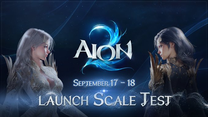Promotional artwork for AION 2's Launch Scale Test, featuring two fantasy characters flanking the game's logo against a dark blue background, with the dates "September 17 – 18" displayed prominently to advertise the upcoming event.