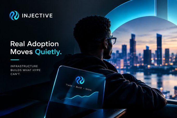 A dark, stylized advertisement for Injective cryptocurrency featuring a man with a laptop displaying 'Trade · Build · Grow,' with the slogan 'Real Adoption Moves Quietly.'