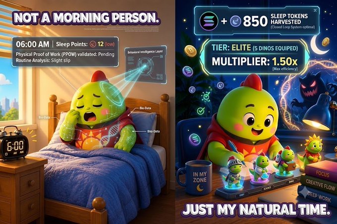 A split illustration of a green dinosaur-like character; the left side reads 'NOT A MORNING PERSON' showing it tired in bed, while the right side reads 'JUST MY NATURAL TIME' showing it working at a computer with text '850 SLEEP TOKENS HARVESTED' and 'TIER: ELITE [5 DINOS EQUIPPED] MULTIPLIER: 1.50x'.