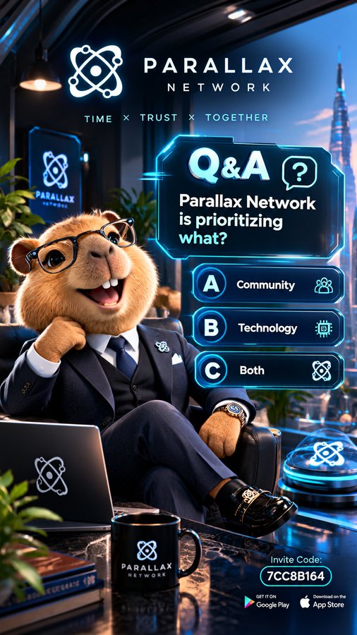 A promotional graphic for 'PARALLAX NETWORK' featuring an AI-generated hamster character in a suit and glasses sitting at a desk with a laptop and branded mug. The image asks 'Parallax Network is prioritizing what?' with options 'Community', 'Technology', and 'Both', and displays an invite code '7CC8B164'.