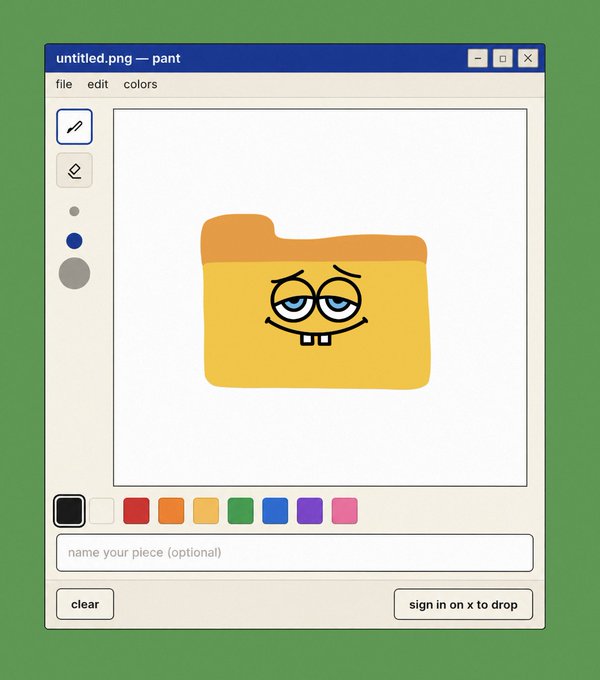 A digital drawing in MS Paint titled "untitled.png" shows a SpongeBob-inspired character with a smug expression and buck teeth on a yellow square with an orange top. The post humorously asks for funny wrong answers about the folder's contents, playfully tying the crude painting to the idea of bizarre or ridiculous items inside.