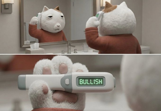 A two-panel image showing a plush cat character looking in a bathroom mirror, with the bottom panel showing a thermometer displaying the word "BULLISH."