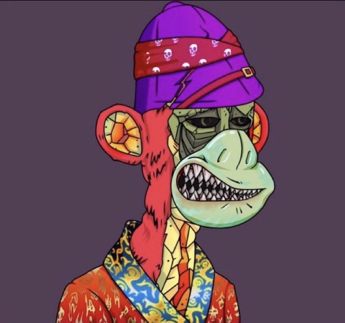 A digital illustration of a Bored Ape-style NFT character wearing a purple beanie, gold earring, and ornate patterned clothing.
