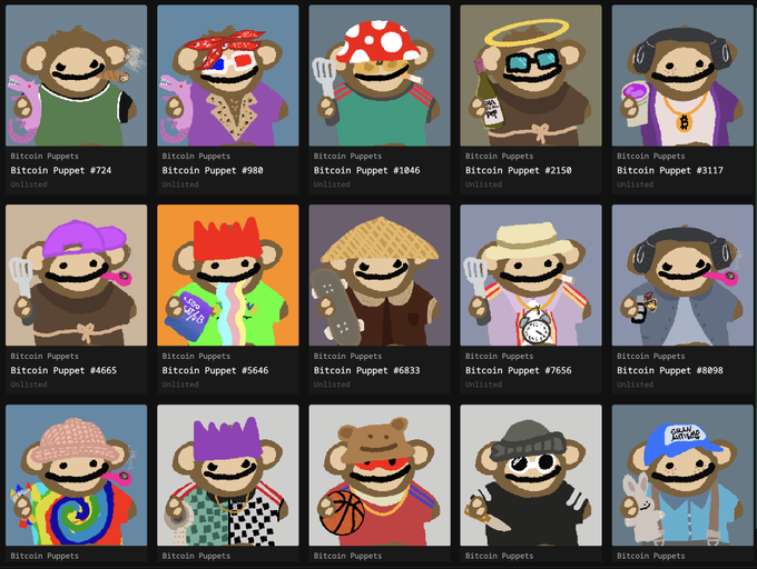 A grid of 15 Bitcoin Puppets NFT profile pictures, including entries #724, #980, #1046, #2150, #3117, #4665, #5646, #6833, #7656, #8098, and others, all listed as unlisted.
