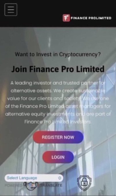 A mobile screenshot of 'FINANCE PROLIMITED' website asking 'Want to Invest in Cryptocurrency? Join Finance Pro Limited' with 'REGISTER NOW' and 'LOGIN' buttons.